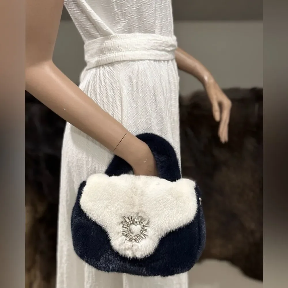Colorblock Handmade Luxury Real Mink Fur Top Handle Bag/Shoulder Bag/Crossbody